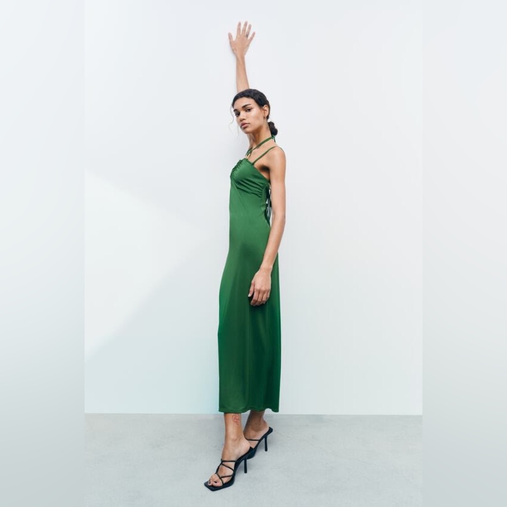 Zara Green Flowy Tied Dress, Open Back, Never Worn, New with Tags, Summer Dress